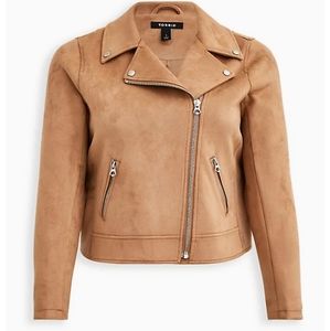 BROWN STRETCH FAUX SUEDE MOTO JACKET